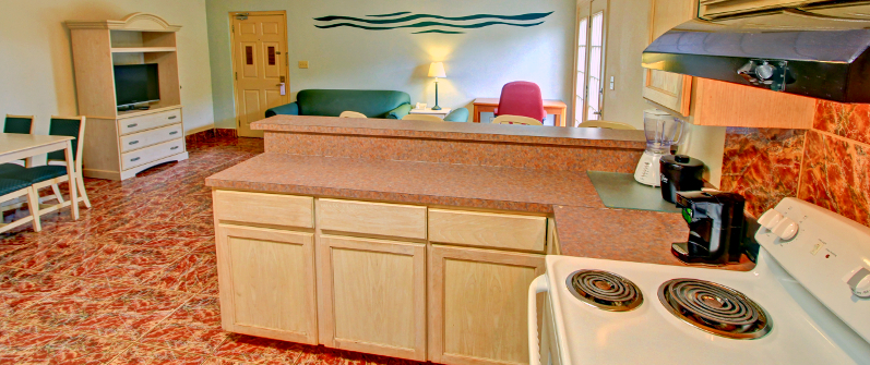 Kitchen and living room in South Padre Island 3-bedroom suite